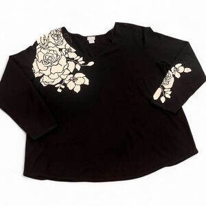 Chico's Floral Applique Sweater V-Neck Long Sleeve Black XL